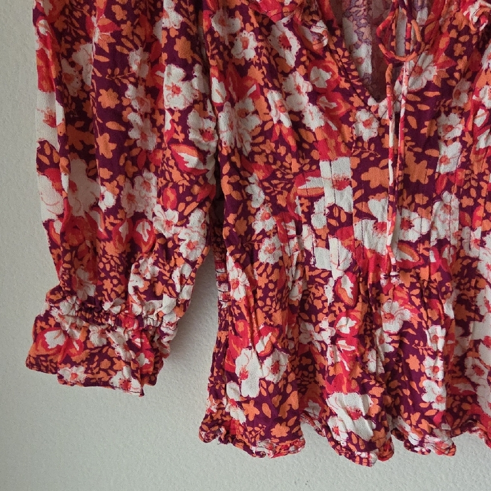 FREE PEOPLE Sweet Memories Pink Multi Floral Print Ruffled Blouse Sz M Boho - Picture 10 of 16